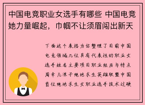 中国电竞职业女选手有哪些 中国电竞她力量崛起，巾帼不让须眉闯出新天地